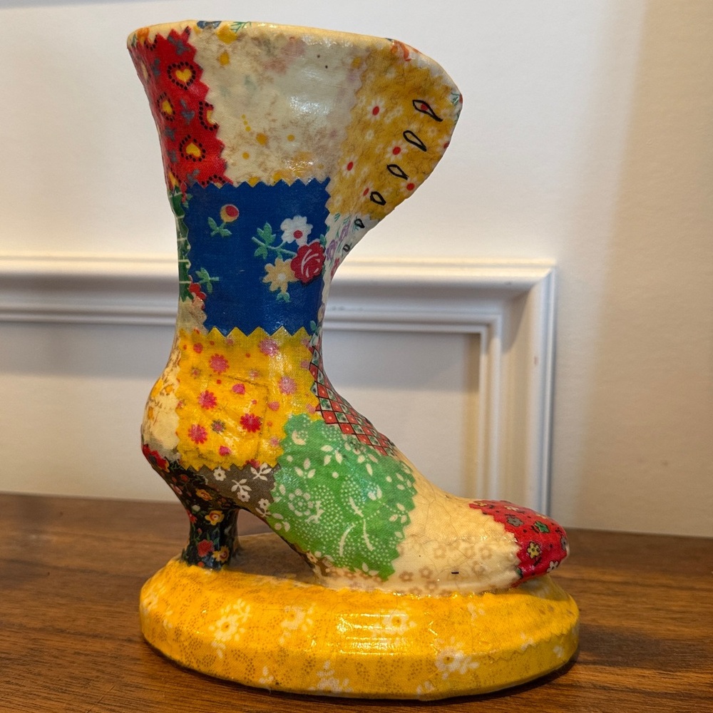 Vintage Ceramic Folk Art Patchwork Boot/Vase - image 2
